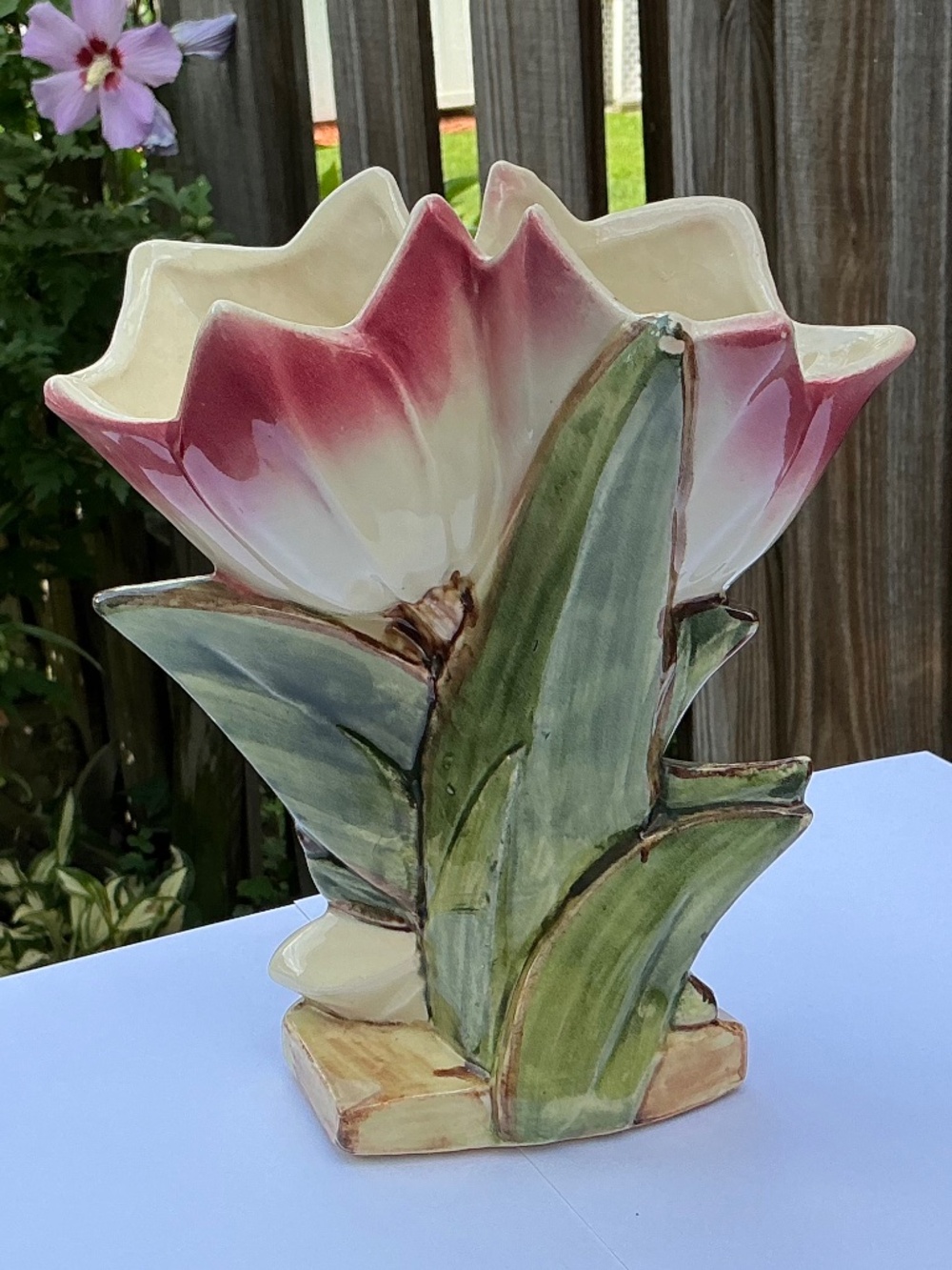 Vintage 1940s McCoy Pottery Double Tulip Vase Art Deco Mid Century Cream Pink